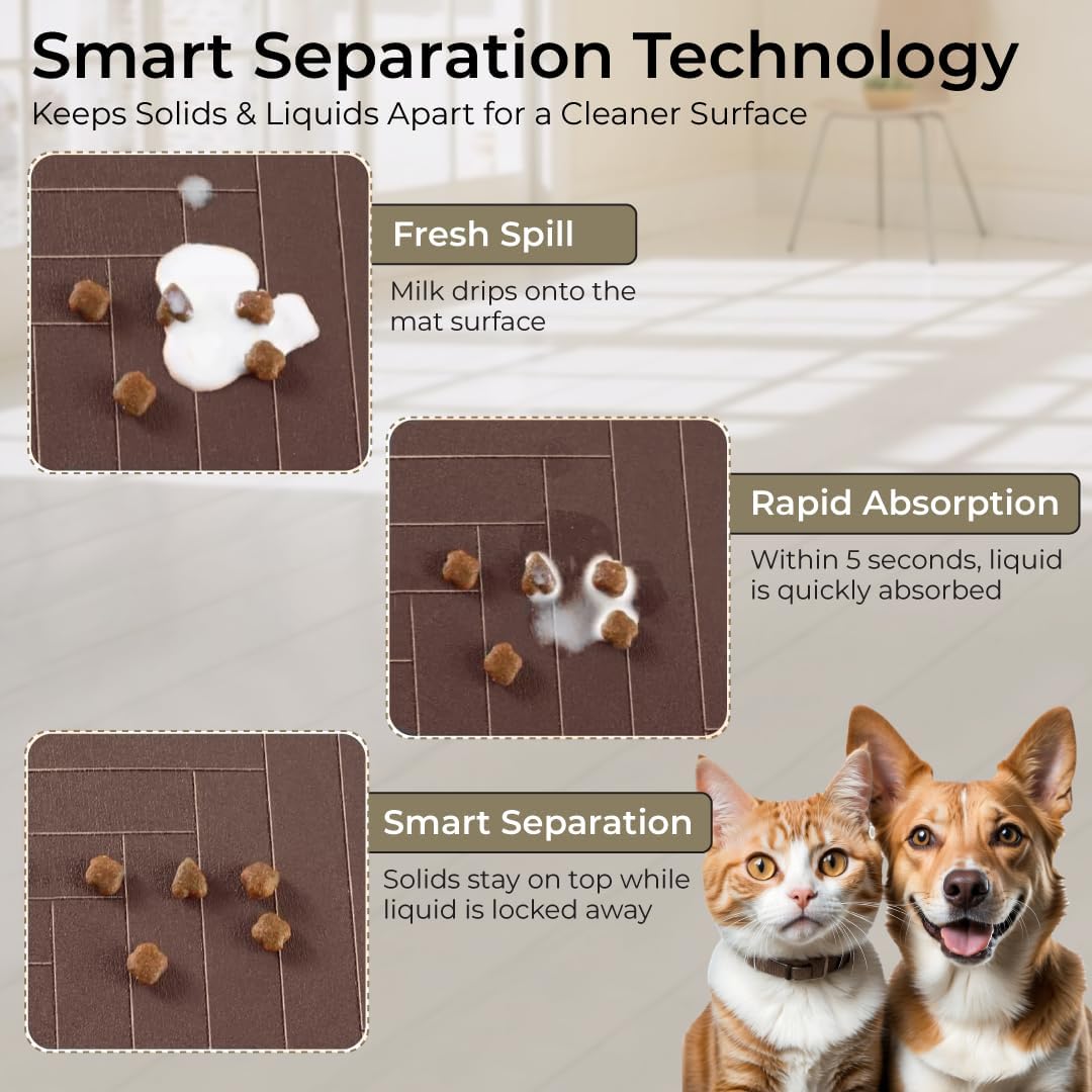Pet Feeding Mat for Dogs and Cats – Absorbent Pet Placemat with Waterproof Non-Slip Rubber Backing – Quick Dry Food and Water Bowl Mat, Easy to Clean Floor Protector for Pets (12"x20", Dark Brown)