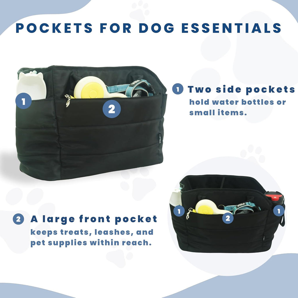 Lightweight Dog Purse Carrier for Small Dogs Under 15 lbs, Puffy Quilted Pet Carrier Tote for Puppies with Safety Leash Clip, Women's Hands-Free Dog Carrier Bag for Travel/Shopping (Black)