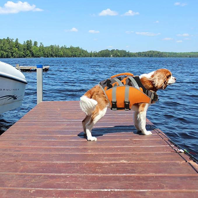 Kuoser Dog Life Jacket with Reflective Stripes - Adjustable High Visibility Vest, Ripstop Lifesaver, Pet Preserver with High Flotation Swimsuit for Small, Medium and Large Dogs