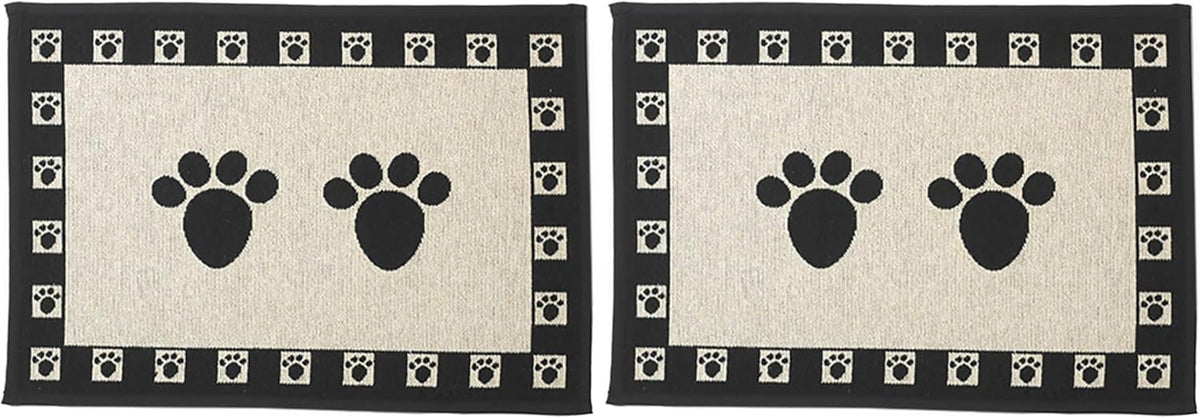 PetRageous 12049 Paws Jumbo Tapestry Dog and Cat Non-Skid Machine Washable Placemat for Pet Feeding Areas with Rubber Backing 18-Inch by 28-Inch for Dogs and Cats, Black and Natural (Pack of 2)