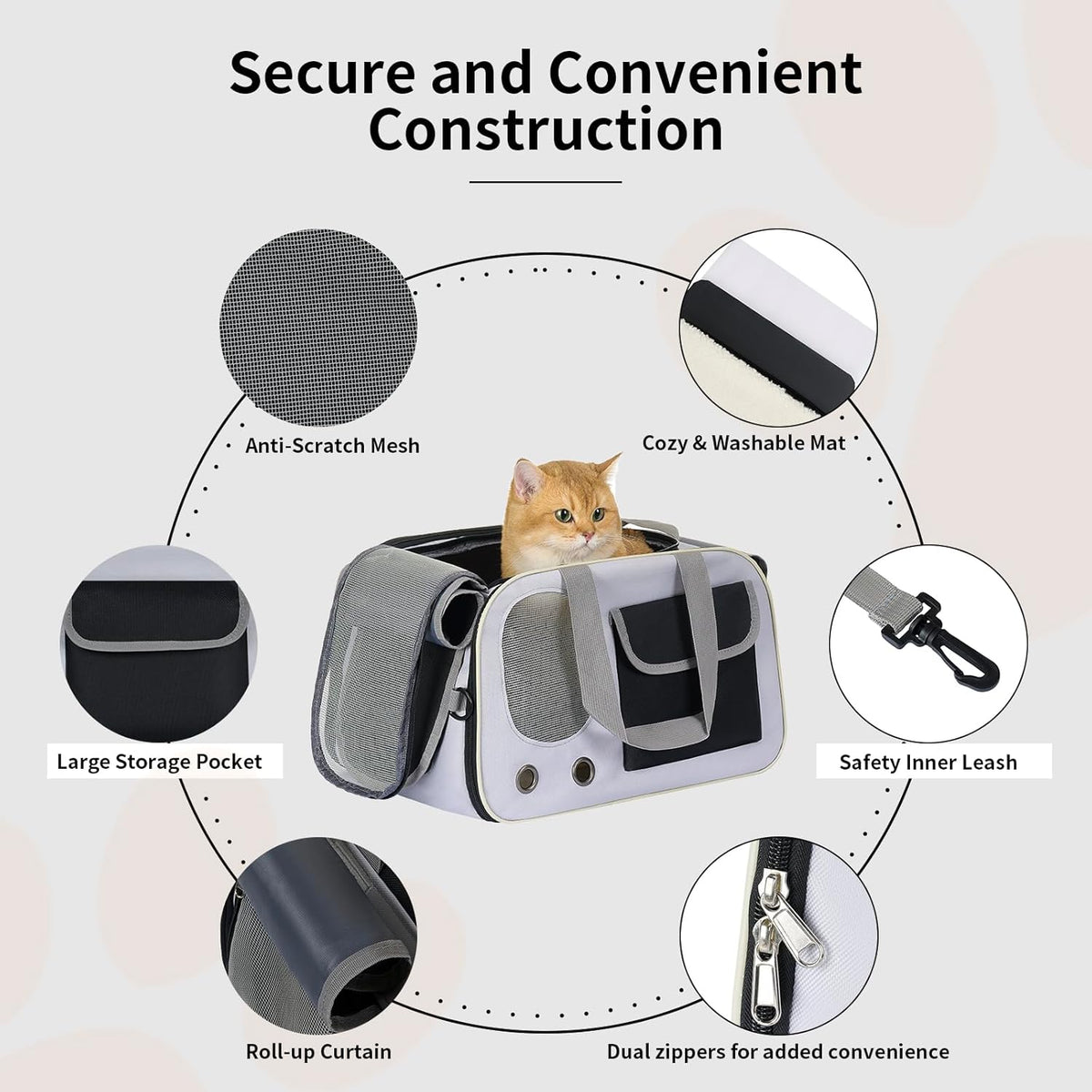 Cat, Dog Carrier for Pets up to 15 lbs, Soft-Sided Collapsible Pet Carrier with Sturdy Base, Roll-up Curtain and Large Storage Bag, Cat Bag for Medium Cats and Small Dogs
