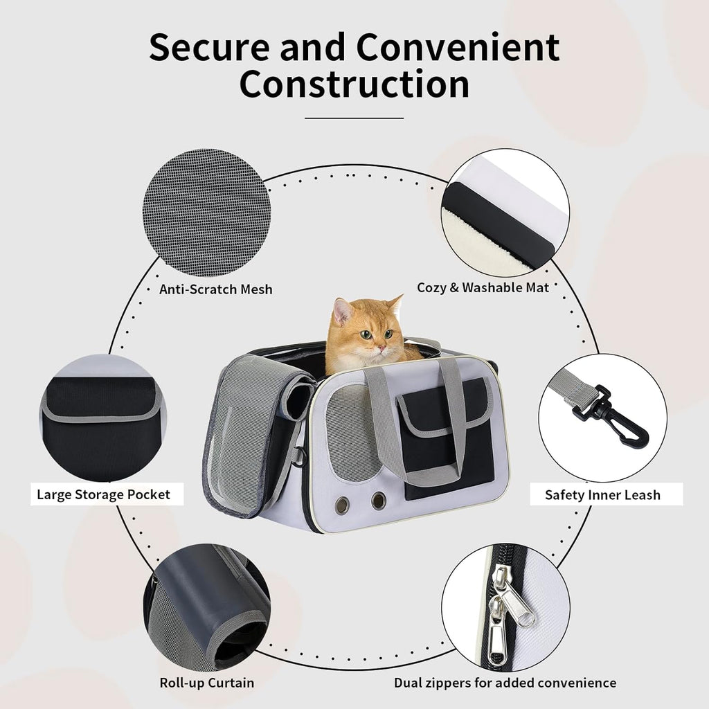 Cat, Dog Carrier for Pets up to 15 lbs, Soft-Sided Collapsible Pet Carrier with Sturdy Base, Roll-up Curtain and Large Storage Bag, Cat Bag for Medium Cats and Small Dogs