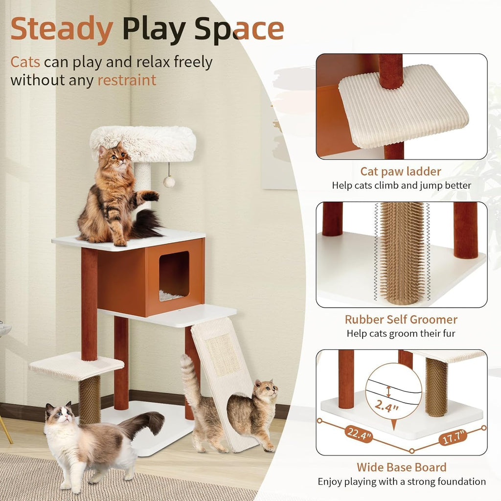 Premium 50in Modern Cat Tree with Solid Wood Frame - Multi-Level Activity Center for 3-5 Small to Medium Cats, Featuring Paper Rope Scratching Posts, Plush Top Perch, Enclosed Condo & Hanging Toy