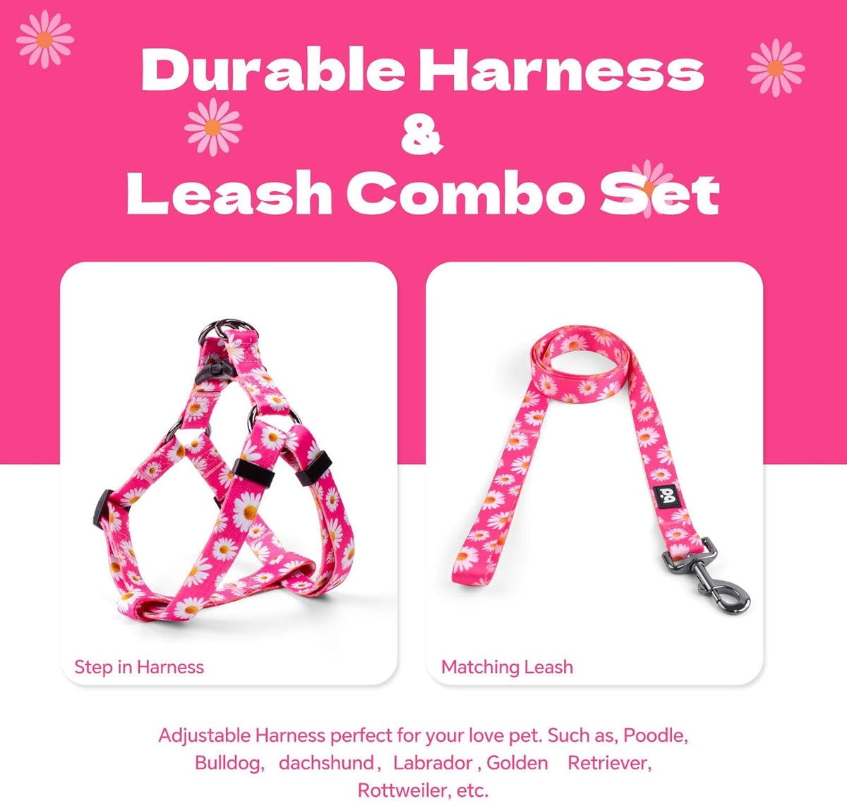 QQPETS Dog Harness Leash Set Adjustable Heavy Duty No Pull Halter Harnesses for Small Medium Large Breed Dogs Back Clip Anti-Twist Perfect for Walking (S(14"-20" Chest Girth), Daisy)