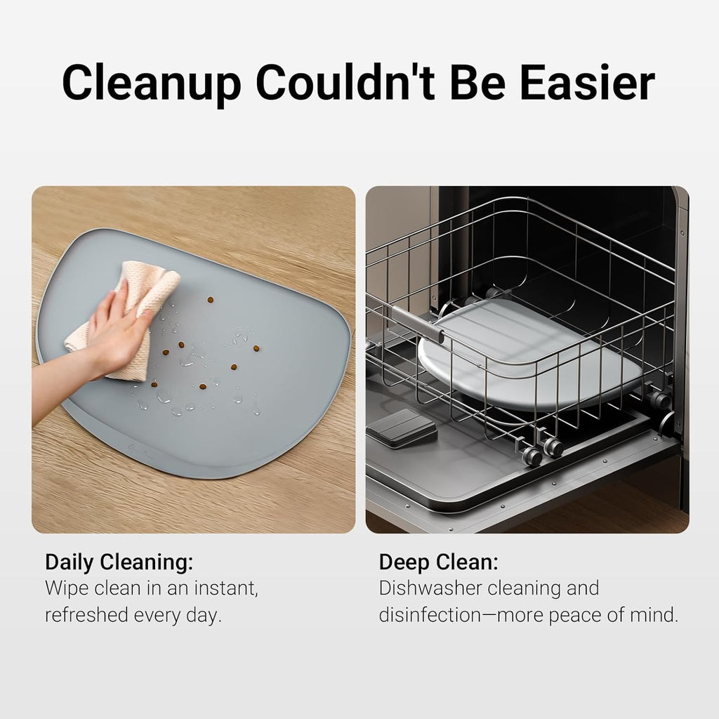 DownyPaws Cat Food Mats for Floors Waterproof, BPA Free Silicone Pet Feeding Mat, Non-Slip Pet Food Mat with High Raised Edge, Cat Placemat for Messy Drinkers, 18"×12.5", Gray