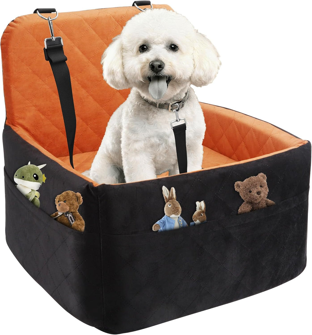 Dog Car Seat for Small/Medium Dogs,Pet Dog Booster Car Seat Puppy 15-35 lbs with Soft 4+2in Detachable Pads Detachable Elevated Cushion and Washable Cover Brown