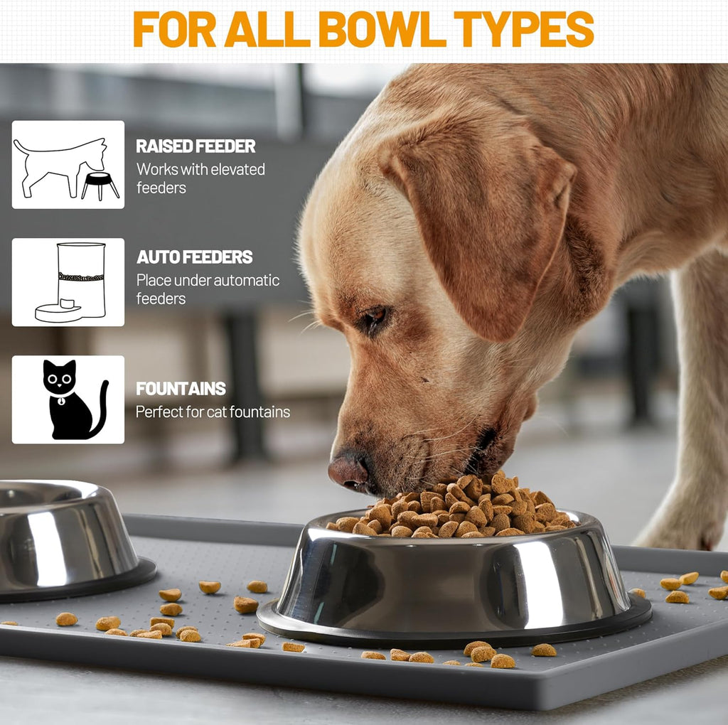 Hubulk Dog Feeding Mat,100% Waterproof Food Grade Silicone Pet Food and Water Bowl Placemat,Dishwasher, High Raised Edge to Prevent Spills,Nonslip Tray to Stop Messes on Floor (19"x12"x0.5", Grey)