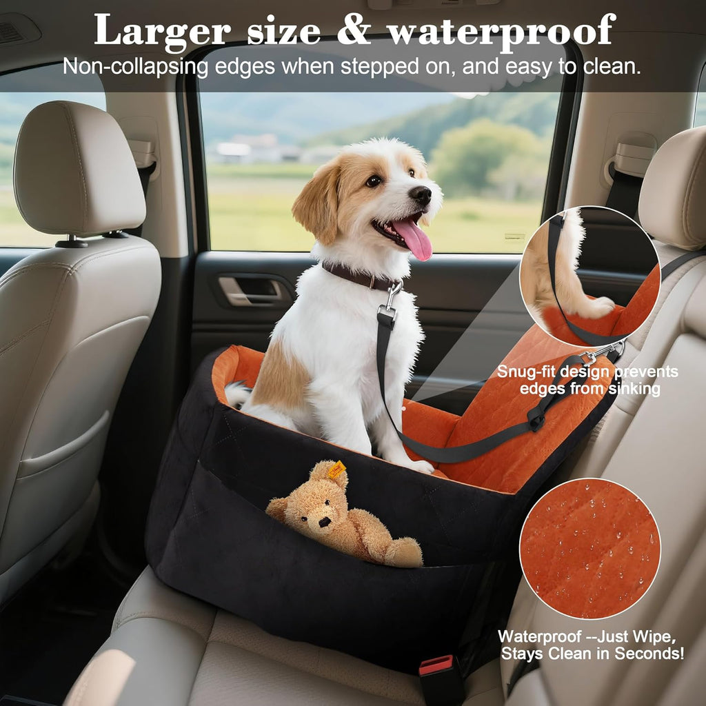 Dog Car Seat for Small/Medium Dogs,Pet Dog Booster Car Seat Puppy 15-35 lbs with Soft 4+2in Detachable Pads Detachable Elevated Cushion and Washable Cover Brown