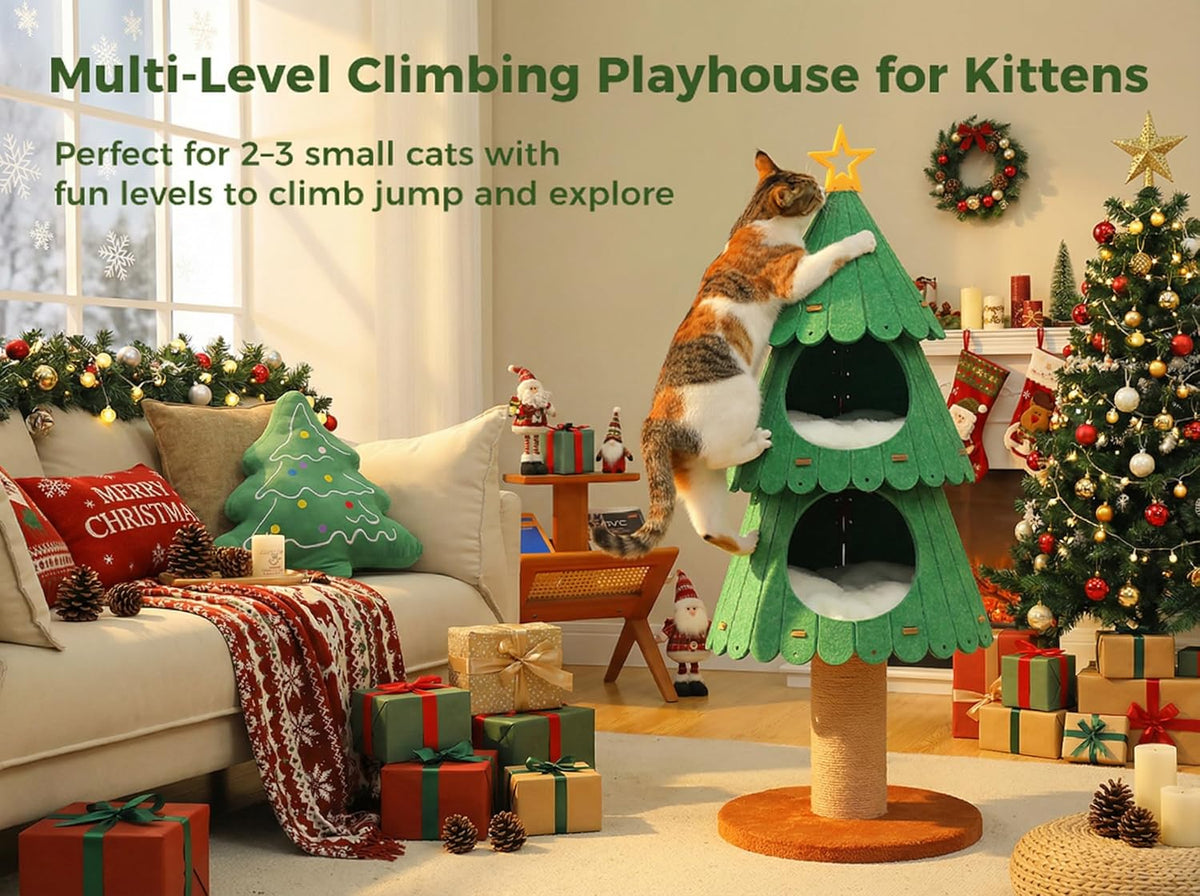 42.9 Inch Christmas Cat Tree for Indoor Cats, Cute Cat Tower with 2 Cozy Houses, Holiday Kitty Climbing Furniture for Kittens to Play and Sleep