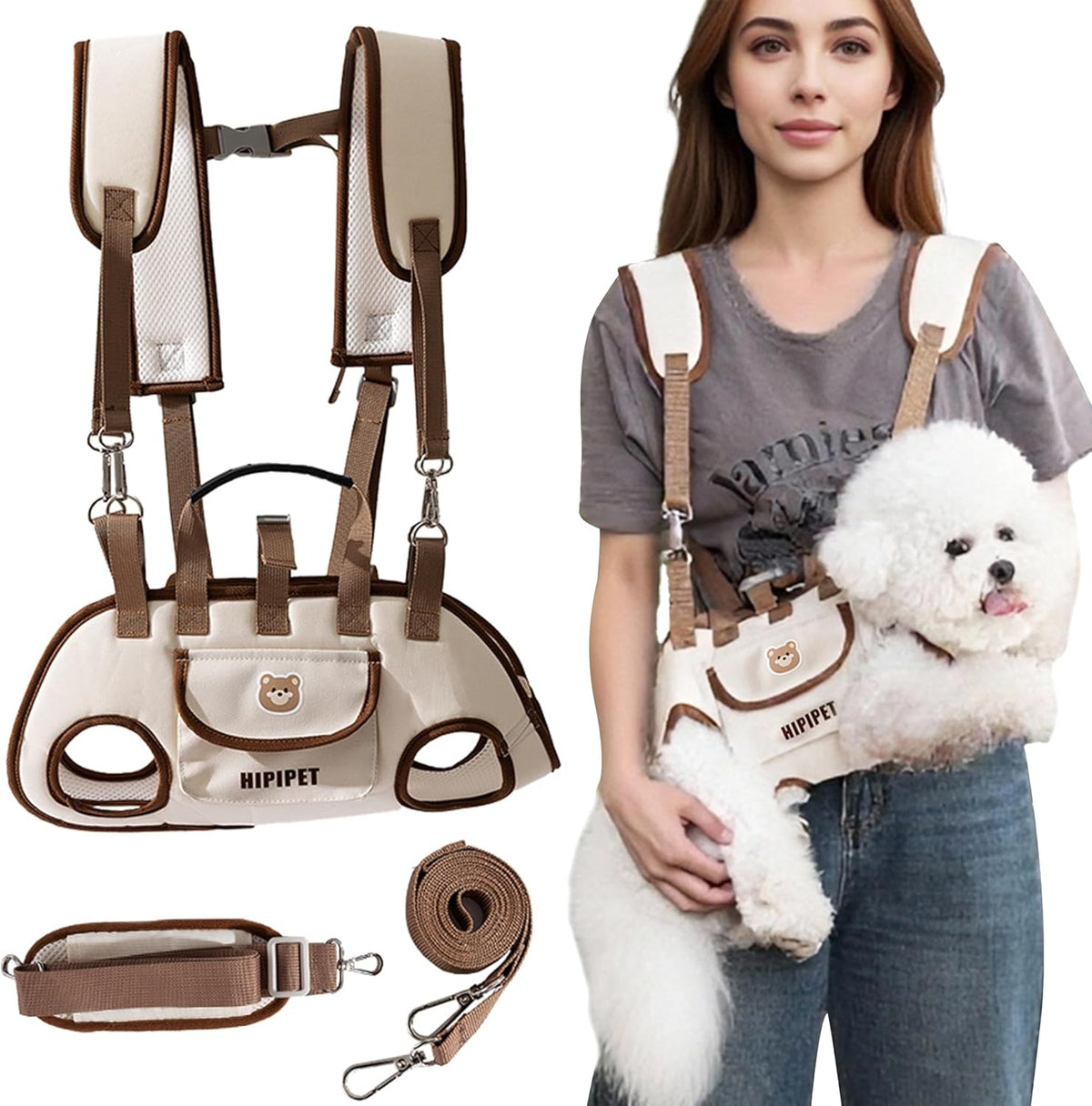 Dog Sling Backpack Carriers - Adjustable Pet Lift Harness Gear, Breathable Dogs Carrying Lifting with Traction Leash Shoulder Straps and Treat Bag for Cats Walking Hiking Travel (S, 4-8lbs)
