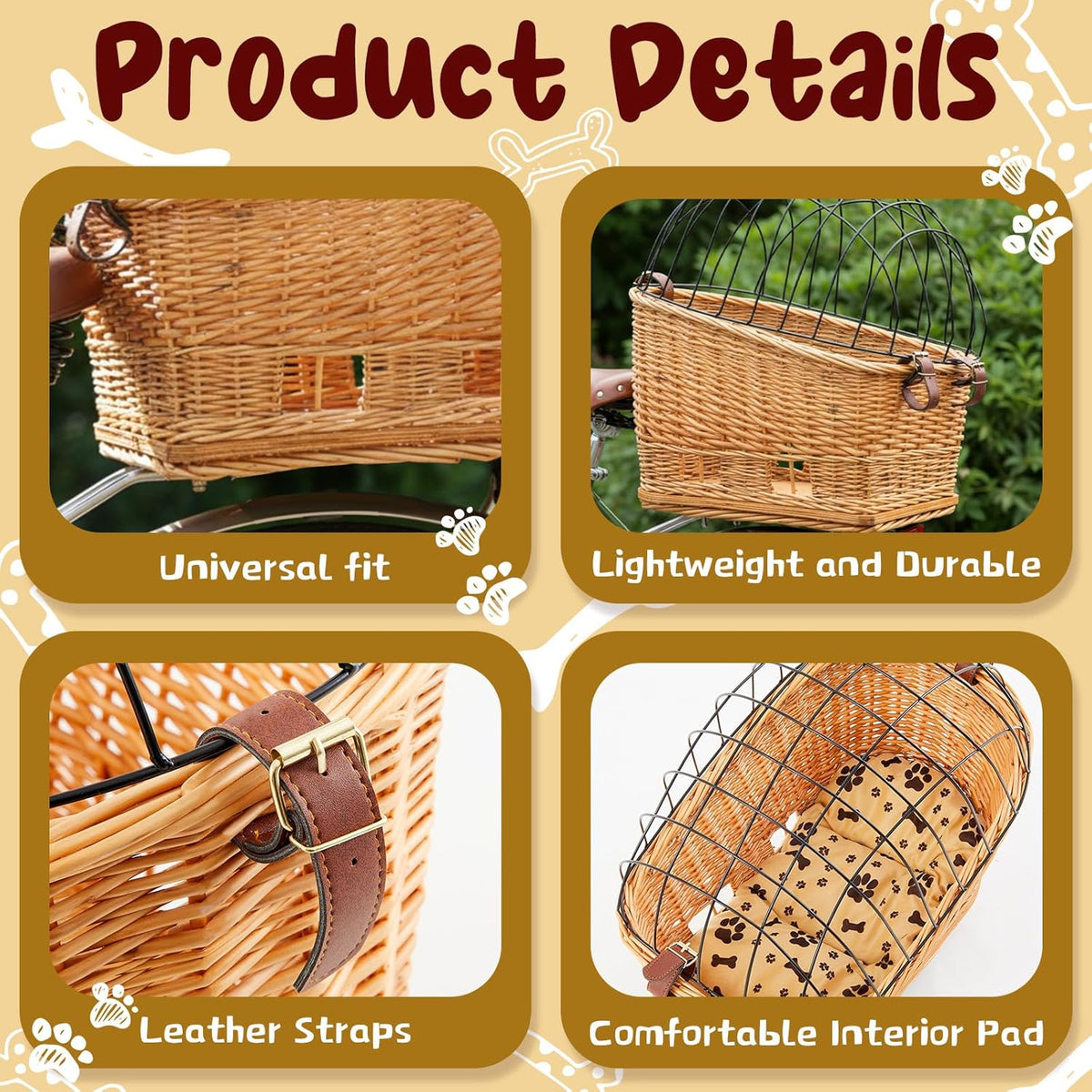 Wicker Dog Bike Basket, Rattan Pet Carrier for Small Dogs Cats with Protective Grille, Includes Ice Pad and Soft Cotton Cushion, for Secure Bicycle Rear Luggage Rack