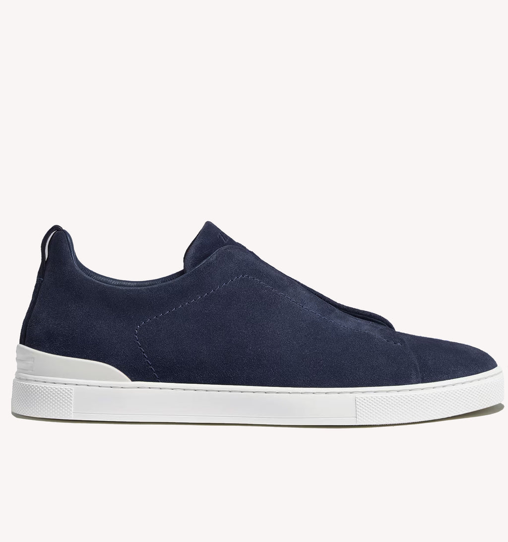 Zegna Triple Stitch Suede Sneaker in Ink Blue