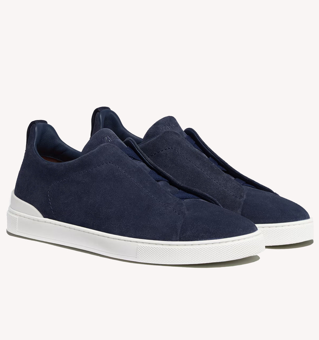 Zegna Triple Stitch Suede Sneaker in Ink Blue